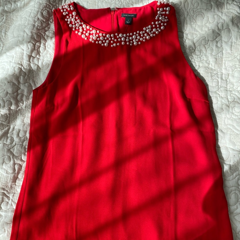 ANN TAYLOR RED BLOUSE WITH PEARLS NWT